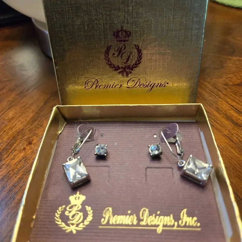 Premier Designs silver plated cut crystals CZ drop earrings square shape